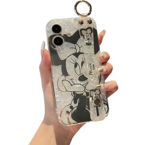 iPhone 17 Case with Wrist Strap Kickstand Glitter Bling Cute Cartoon Pattern Design Sparkle Soft Durable Shockproof Protective Case for Girls and Women - Minnie