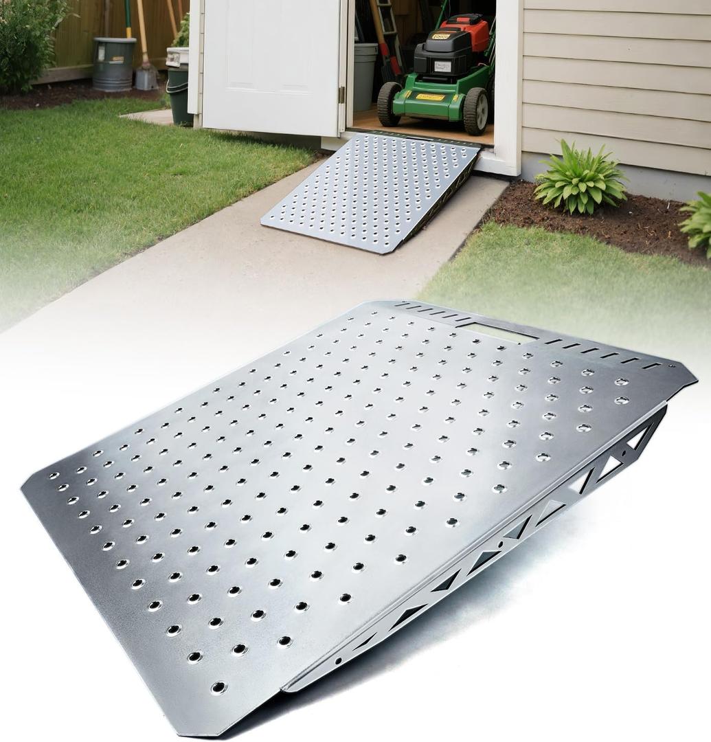 Heavy-Duty Shed Ramp for Riding Mower, Ramps for Sheds Garage Threshold Doorway Lawn Mowers Tractor Snow Blower Wheelchairs Garden Cart, 1500LBs Loading Anti-Slip Punch Plate Ramp - 1 PC