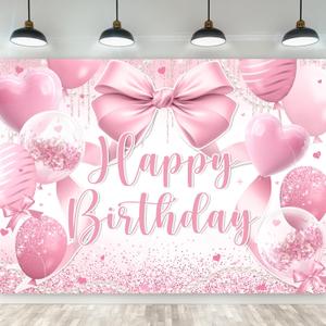 Riyidecor Pink Bow Happy Birthday Banner Backdrop 7Wx5H Feet Polyester Fabric Girls Coquette Birthday Decorations Bownot Balloons Photography Background Bachelorette Decor Banner Studio Photo Shoot