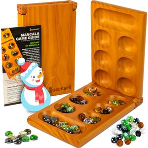 Mancala Board Game with Magnetic Lock  Classic 2-Player Folding Game  Wooden Mancala Set with 56 Glass Pebbles  Mancala Game for Kids and Adults