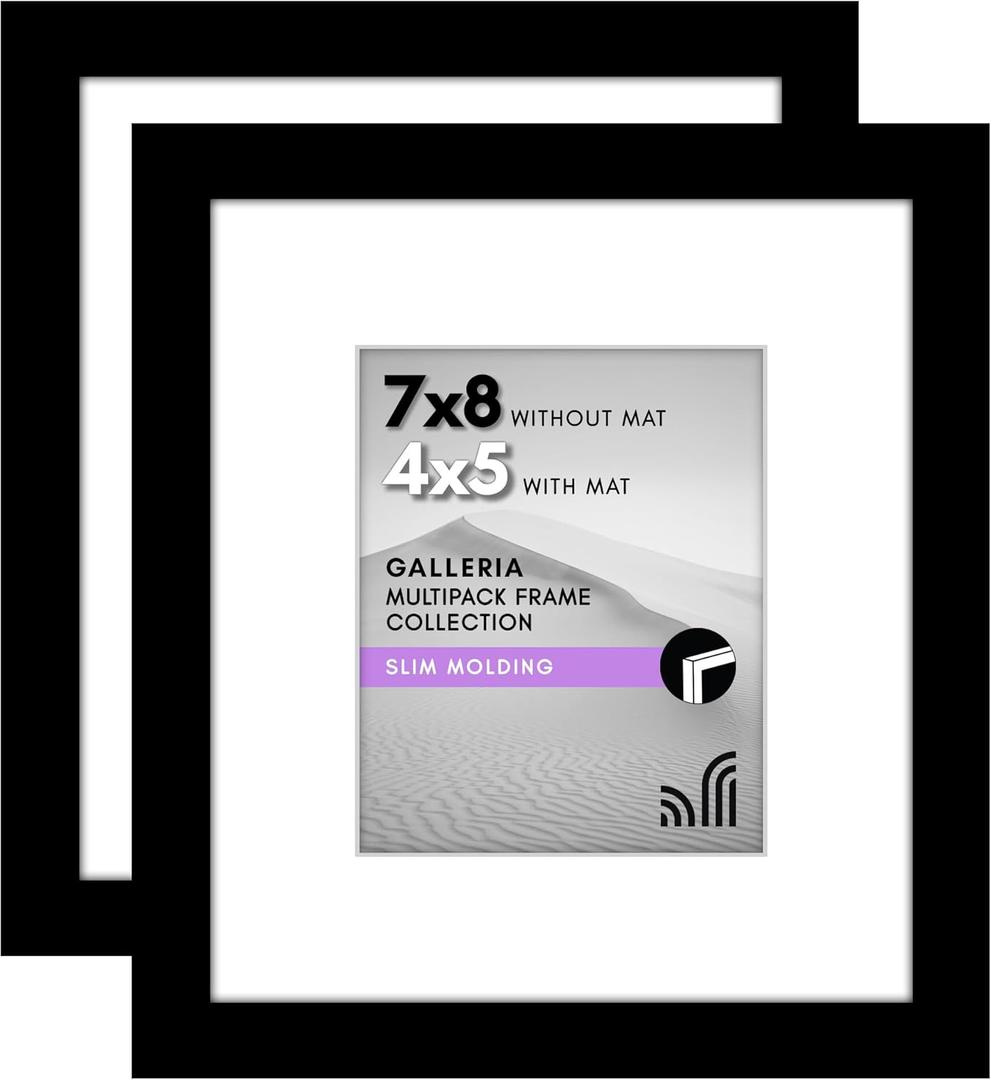 Americanflat 7x8 Picture Frame with Polished Plexiglass - Set of 2 - Use as 4x5 Frame with Mat or Display 7x8 Photo Without Mat - Galleria Collection - Picture Frames for Tabletop and Wall - Black