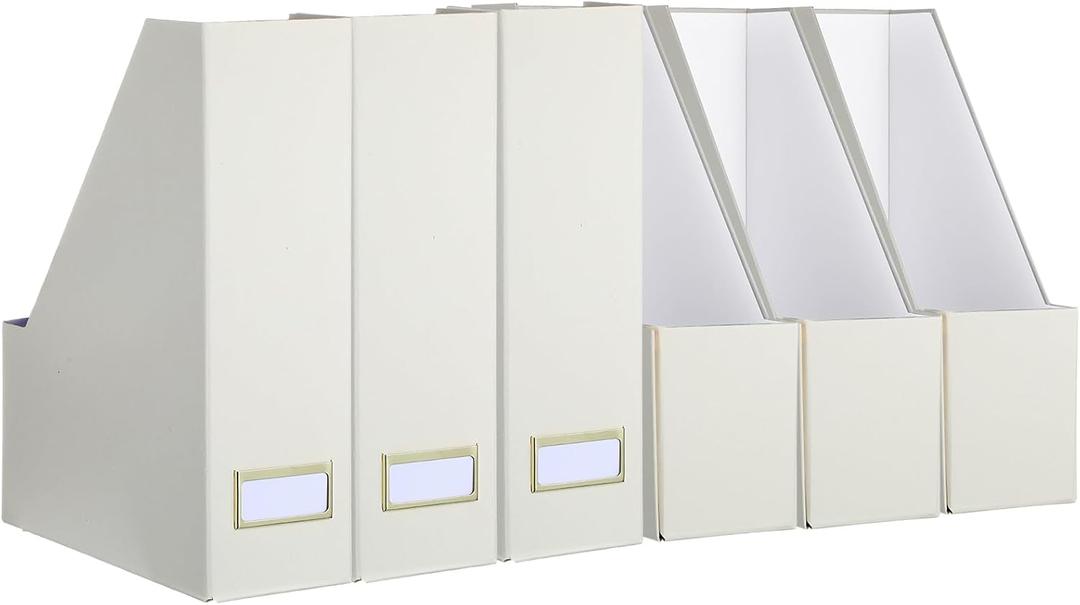 Gueevin Set of 6 Magazine File Holder Stylish Sturdy Cardboard File Boxes Desk Magazine Organizer Rack with Gold Label Holder to Organize Your Desk or Shelves for Home Classroom Office Library(Beige)