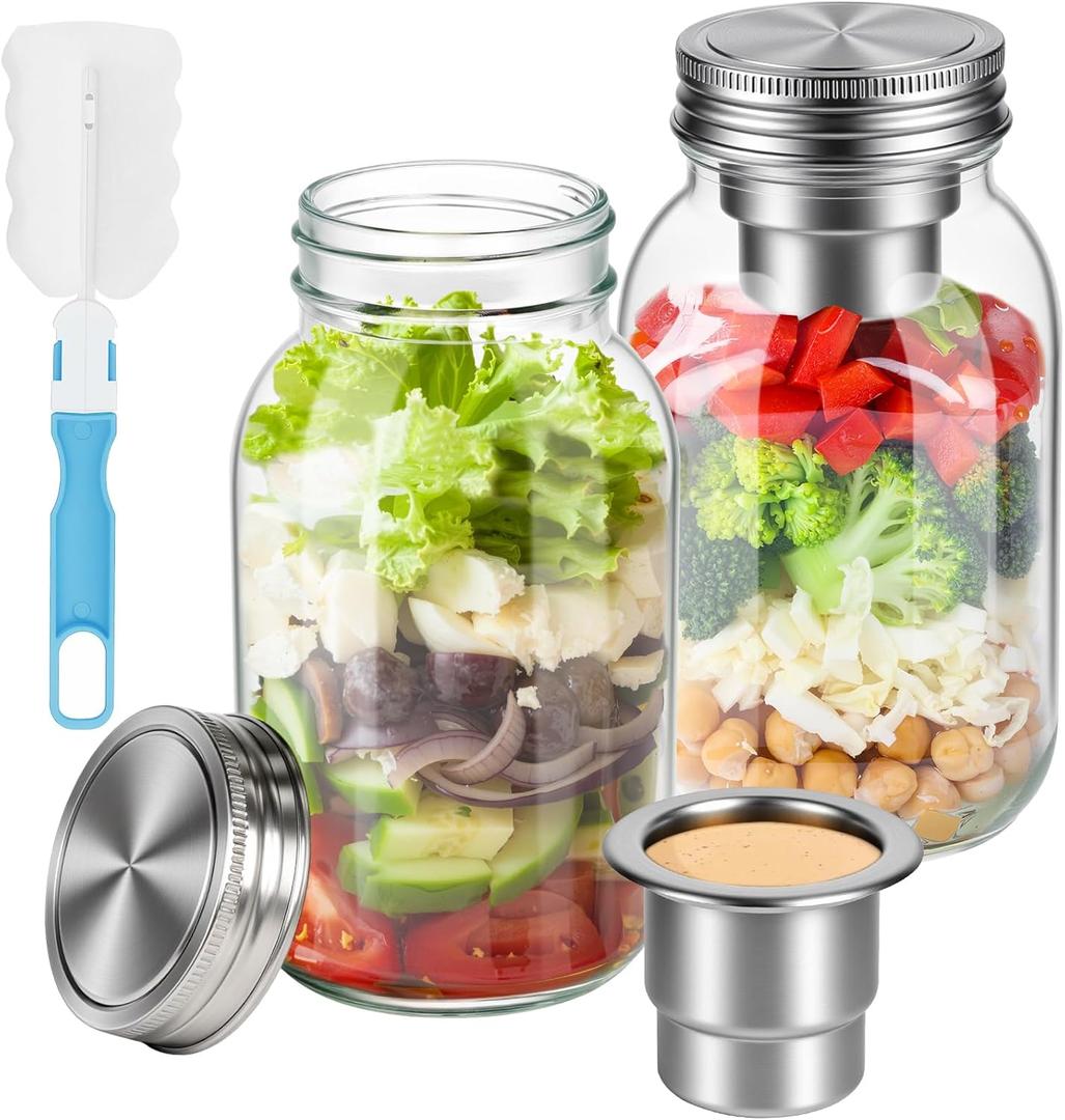 2 Pack Glass Salad Jars with Lids Meal Prep, Glass Mason Jars with Stainless Dressing Cup, 2-in-1 Salad Container for Meal Prep & Lunch, 32oz Mason Jars with Brush
