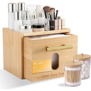BSSN Face Towel Holder Bamboo Disposable Clean Towels Holder with Cotton Swab Box and 60ct Towels, Wall Mounted & Countertop Skincare Organizer, Bathroom Vanity Storage for Face Tissues & Makeup Pads