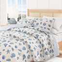 Great Bay Home Coastal Quilt Set - 3-Piece Full/Queen Size Nautical Bedding Set - Lightweight, All-Season, Reversible Coral-Printed Bedspread (Blue Shells)