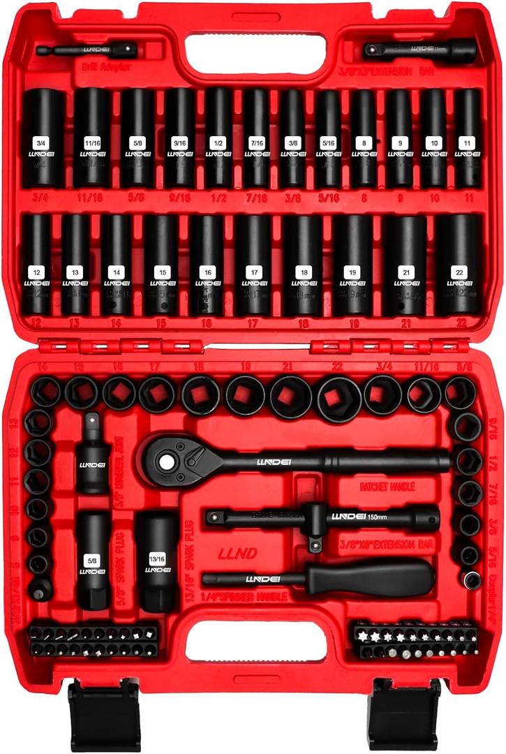 Llndei 3/8Drive Impact Socket Set,Standard SAE(5/16 to 3/4-Inch) Metric Size(8-22mm), 95 Piece, CR-V Steel Deep&Shallow Kit, Adapters, Ratchet Handle, Screwdriver Bit Set, Spark Plug Socket, 6 Point