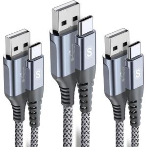 sweguard USB Type C Charger Cable [3-Pack,10ft+6.6ft+3.3ft] iPhone 15 Charger Nylon Braided Cord for iPhone 15 Pro Max Samsung Galaxy S23 S22 S21 S20 S10 S9 Note 20 10 Flip A53 A54 Pixel LG Moto PS5 (Grey)