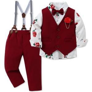 WESIDOM Toddler Boy Clothes Suit Formal Dress Shirt+Bowtie+Vest+Boutonniere+Suspender Pants Boys Gentleman Outfits Set (18-24 Months, Red)