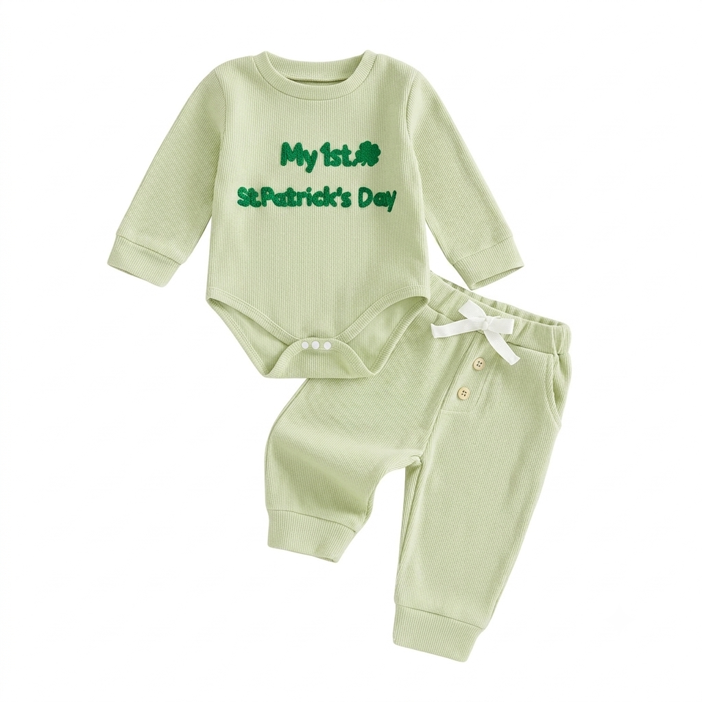 Douhoow Baby Boy St Patricks Day Outfit Infant Boy Girl My 1st St Patricks Embroidered Baby Sweatshirt Romper Pants Set (Light Green, 0-3 Months)