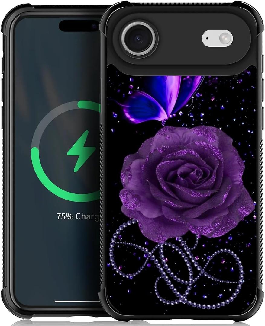 ZHEGAILIAN for iPhone 17 Air Case Compatible with MagSafe Four-Corner Reinforced Shockproof Soft TPU Protective Hard PC Back Cover Girls Case for iPhone 17 Air 6.6inch Starry Purple Rose Butterfly
