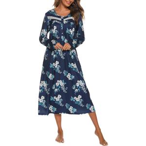 YOZLY Nightgowns for Women Soft Cotton Long Sleeve Night Gwon with Pockets (Medium, Floral Navy)