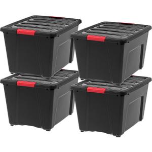 IRIS USA 51 L (54 QT) Plastic Storage Box with Lid and Latches - 4 Pack - BPA-Free, Garage Organizing Solution, Durable Nestable Stackable Containers, Secure Pull Handle - Black