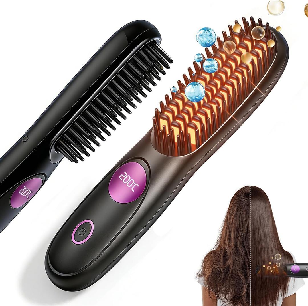 Cordless Hair Straightener Brush Pro, 2026 Upgraded Portable Hair Straightener, Type-C Fast Charging MCH Heating with 3 Temperature Settings, Ionic & Ceramic Care, Travel Styling Tool (Black)