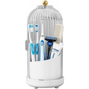 JEESA Toothbrush Holder Organizer, with Drainage Holes, with Dustproof Cover, 360 Rotating, 3 Slots, for Bathroom Countertop, White