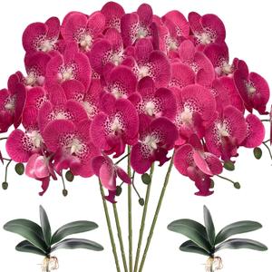 HinyoCo 5 Pcs Artificial Orchid Flowers and 2 Bundles Leaves,Artificial Phalaenopsis Flowers 32 Inch Stem Plants for Home Wedding Decoration (Rose red Spots)