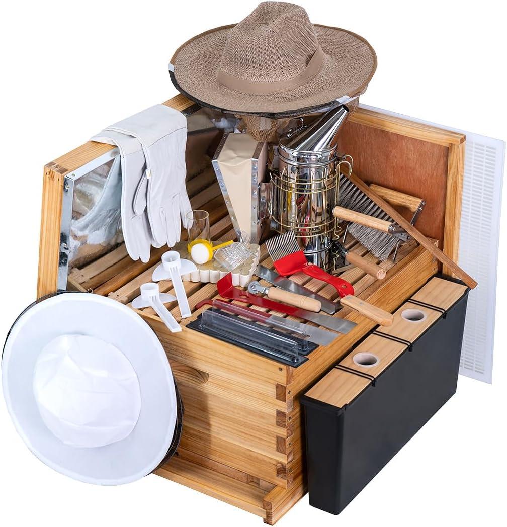 8 Frame Beehive Starter Kit Bee Box Dipped in 100% Beeswax, Beehive Frames and Foundations & Bee Hive Starter Kit Includes Beekeeping Tool Kit with Beehive Frame Feeder and 2Pcs Beekeeping Veil Hat