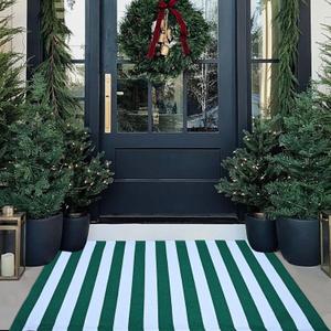 Green and White Striped Outdoor Rug 27.5'' x 43'' Spring Doormat Layered Welcome Mat for Farmhouse Spring Front Porch Entryway Decor
