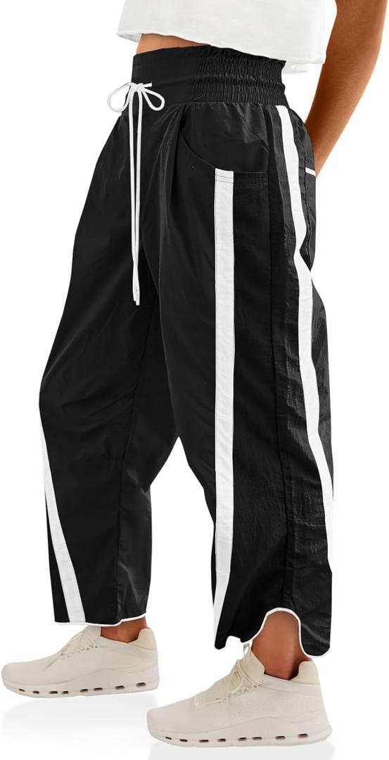 Fisoew Women's Baggy Wide Leg Pants Casual Drawstring Elastic Waisted Contrast Color Workout Y2K Track Pants (Black, M)
