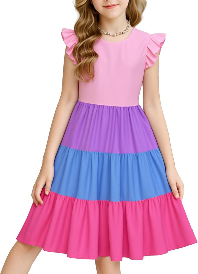 LQSZ Girls Summer Dresses with Ruffle Short Sleeve Midi Casual A-Line Twirly School Sundress Size 3-12 Years (6-7 Years)