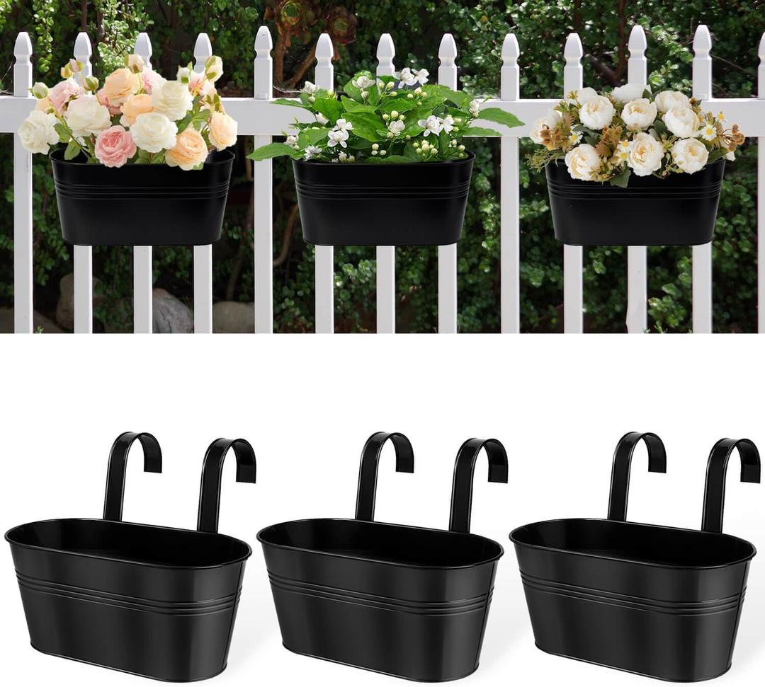Metal Railing Planters for Outdoor Plants - 3 Pcs Balcony Hanging Flower Pots with Detachable Hooks & Drain Holes, Windowsill Oval Hanging Bucket Pots Fence Planters for Garden Home Decor, Black