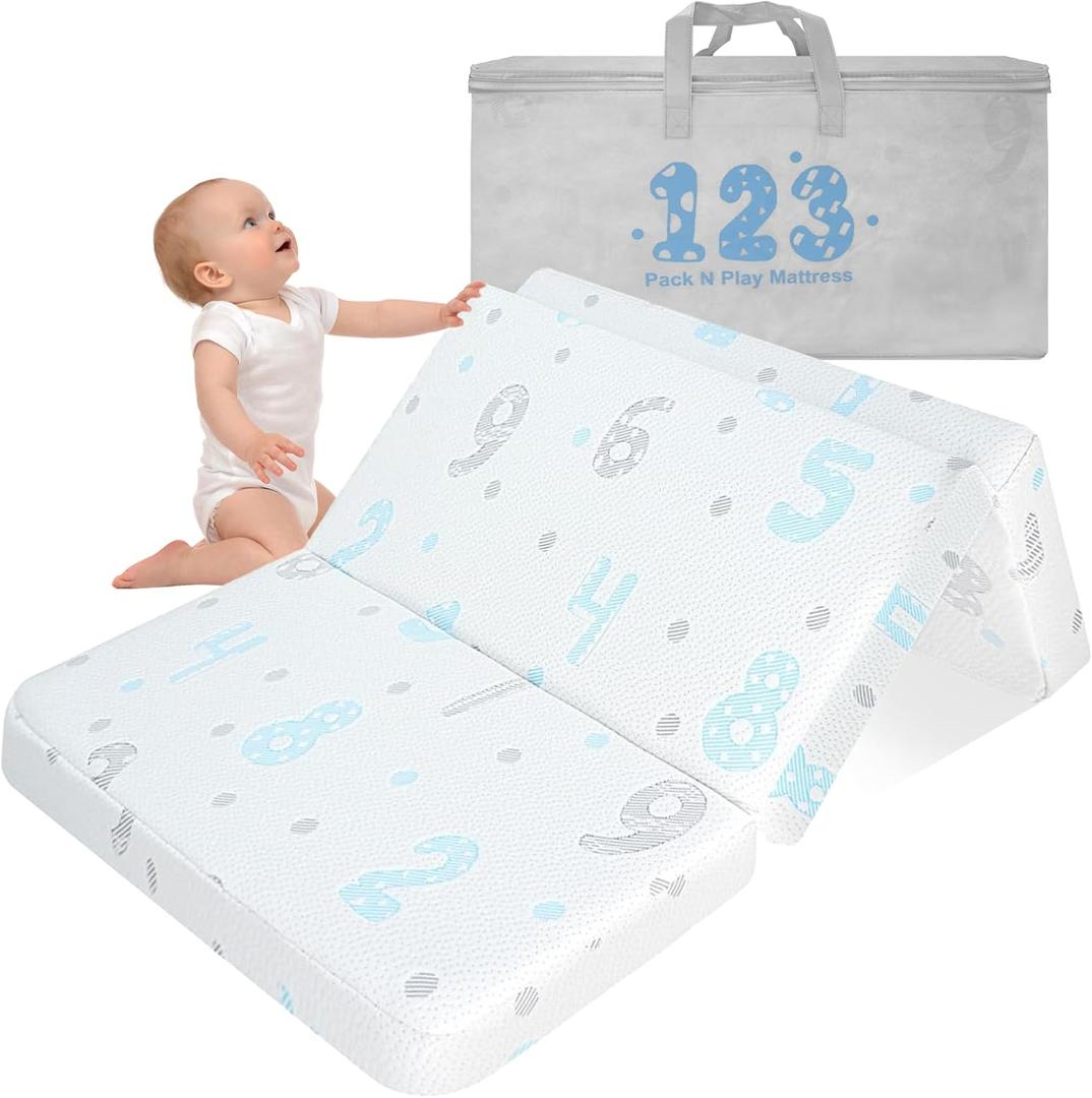 Trifold Pack and Play Mattress, 38"x26" Dual-Sided Memory Foam Pack N Play Mattresses for Baby Toddlers, Foldable Portable Travel Crib Mattress for Pack N Play, Digit Pattern