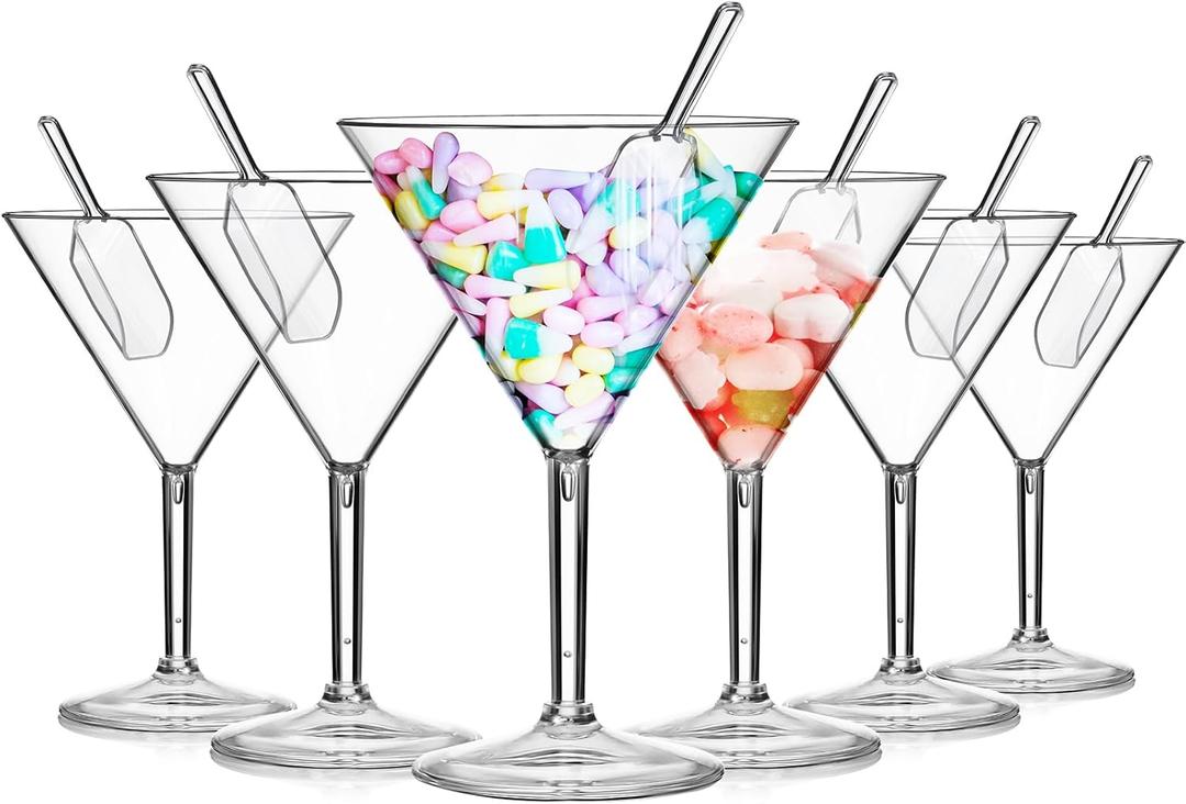 Tioncy Martini Glasses Set of 6, 10 oz Plastic Clear Candy Cups Martini Cocktail Glasses with Acrylic Clear Ice Scoop for Bar Margarita Whiskey Housewarming Gifts for Women Men