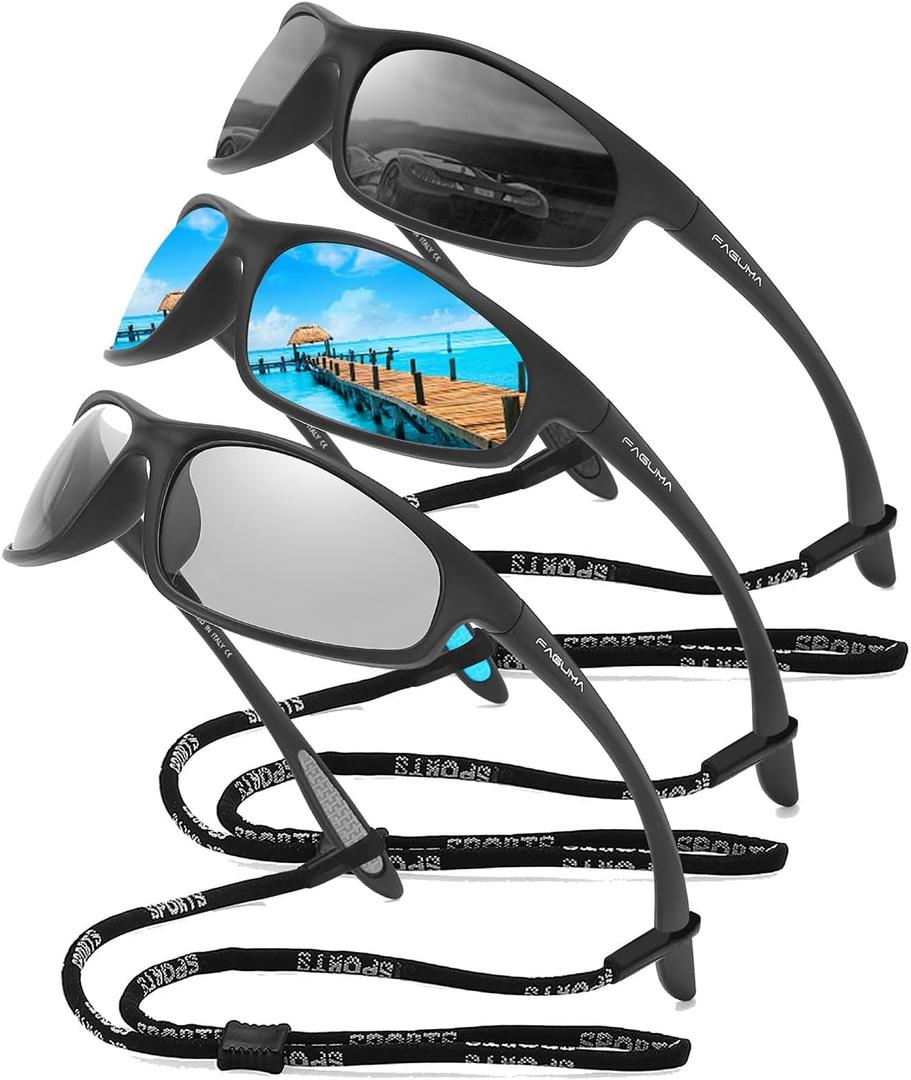 FAGUMA Polarized Sports Sunglasses For Men Cycling Driving Fishing UV400 Protection (B05 Black+Blue+Transparent Gray)