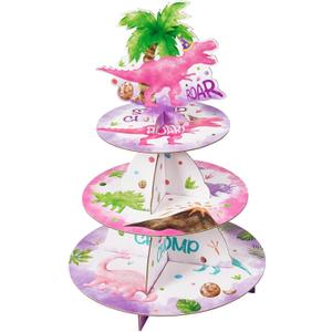 WERNNSAI 3-Tier Watercolor Dinosaur Cupcake Stand - Dinosaur Birthday Party Decorations for Girls Kids Pink Cupcake Holder Reusable Cardboard Dessert Tower for Dino Theme Party Baby Shower Supplies