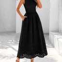 dowerme Women Sleeveless Lace Eyelet Cotton Tank Maxi Dress (Black, L)