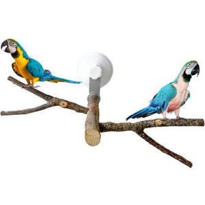 Bird Perch Stand with Suction Cup, Parrot Climbing Standing Branches, Window Bath Car Travel Perch Stand for Small and Medium Bird Cockatiels Lovebirds (Two-Y-Type Wood Window Perch)