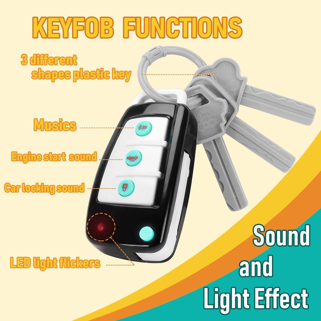 Car Key Playset, Remote Car Key Toy with Light and Sounds, Pretend Play Keys with Cards for Boys and Girls, Travel Toys for Toddlers, Babies (Black)