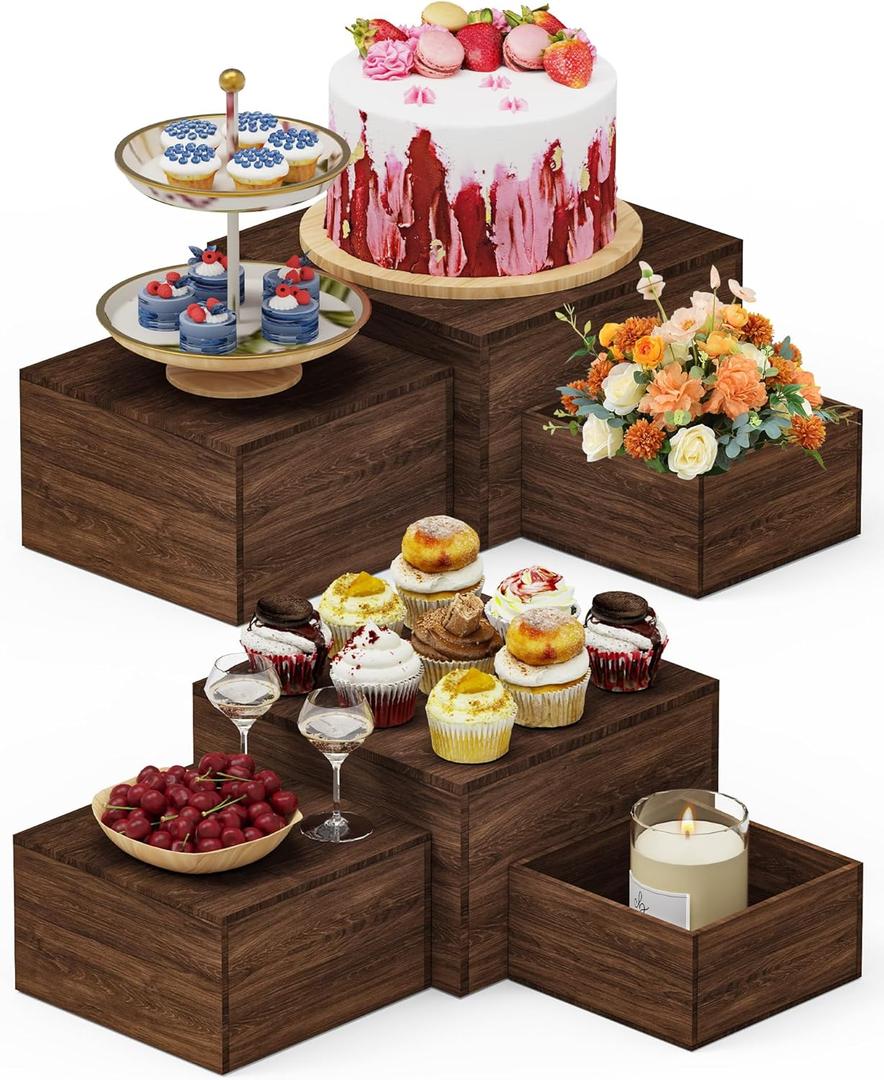6 PCS Wooden Buffet Risers, Rustic Wood Cake Cupcake Stands, Square Food Risers for Buffet Table, Catering Dessert Table Display Set, Stackable Wooden Crates for Party, Decor, Wedding, Birthday