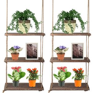 Nuanchu 2 Pieces Decorative Wall Hanging Shelves Window Shelf for Plants 3 Tier Distressed Rustic Home Decor Wood Rope Shelf Floating Indoor Wall Swing Hanging Plant Shelves for Living Room Bathroom
