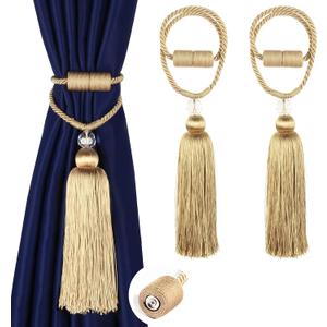 BEL AVENIR Magnetic Curtain Tiebacks Tassel Ties Backs Holdbacks Rope Convenient Drapes Handmade Home Office Decorative (Gold)