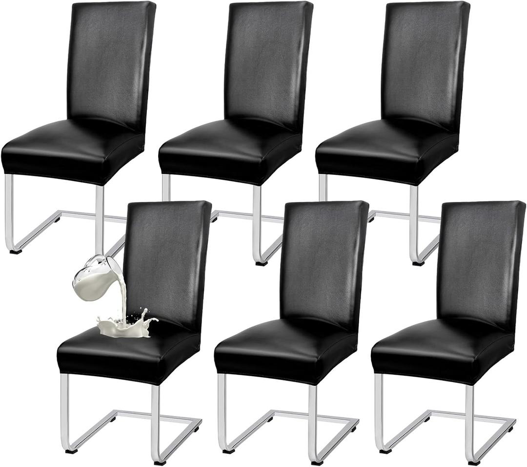 PU Leather Dining Chair Covers Removable 100% Waterproof Chair Covers for Dining Chairs Set of 6, Stretchy & Soft High Back Kitchen Chairs Cover Protectors (Black)