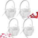 4PCS Wedding Flower Baskets, White Satin Bowknot Flower Baskets Pearl Collection Flower Girl Baskets for Weddings (Pearl Bow)