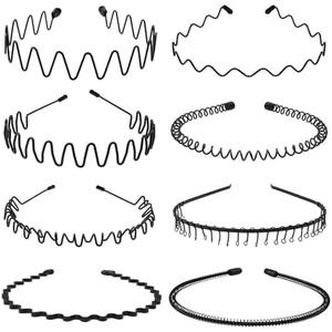 KELUBATU Metal Headband for Men, Unisex Black Wavy Spring Hair Band, Zig Zag Hair Band, Fashion Elastic Hair Accessories, Multipack （8pcs）