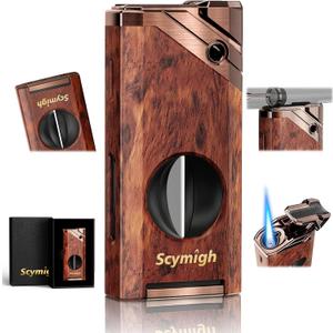 All-in-one Torch Lighter with Cutter, Holder, Windproof Flame, Refillable Butane Jet Flame Lighter, Multifunctional Accessories, Gifts for Men, Cool Lighters for Candle, Outdoor (Without Gas) (Woodgrain)