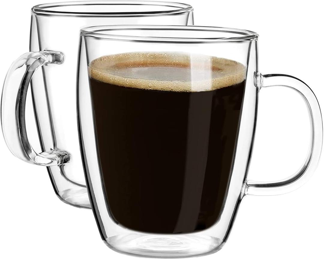 YUNCANG Double Wall Insulated Coffee Mugs, 16 Ounces - Clear Glass, Cappuccino & Latte Cups, Heat Resistant