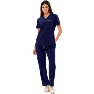 Women's Ultra-Light Medical Scrub Set-130GSM Summer Cooling Fabric-4-Way Stretch, Cargo Pants & V-Neck Top-6-Pocket, Size: XX-Large