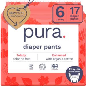 Pura Hypoallergenic Diaper Pants Size 6 (33+ lbs) Overnight, up to 12 Hours Leak Protection, Suitable for Sensitive Skin, Totally Chlorine Free, Soft Organic Cotton, 1 Pack of 17 Pull Up Pants