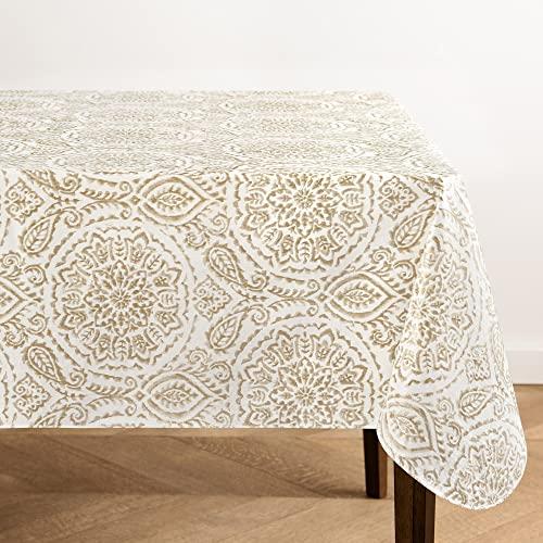 Elrene Home Fashions Savannah Boho Paisley Water- and Stain-Resistant Vinyl Tablecloth with Flannel Backing, 60 Inches X 84 Inches, Rectangle, Taupe