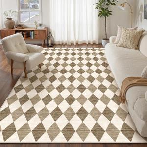 6x9 Checkered Brown Area Rug for Living Room Bedroom Washable Soft Modern Non Slip Large Throw Rug Lightweight Low Pile Neutral Carpet Office Dining Room Classroom Playroom