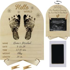 Heartfelt Baby Announcement Sign & Hello World Newborn Sign with Mess-Free Ink Pad for Hand & Footprints, Welcome Plaque & Baby Shower Stand with Premium Wooden Ultrasound Picture Frame Keepsake