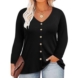 RITERA Plus Size Tops for Women Long Sleeve Button Down Shirts Casual Fall V Neck Blouses XL-5XL (Black)