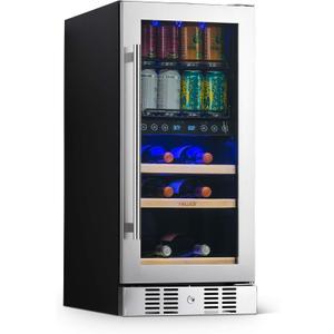 Newair 15" Wine and Beverage Refrigerator 9 Bottle and 48 Can Capacity, Beverage Cooler in Stainless Steel, Built-in or Freestanding Dual Zone Drink Fridge with Triple-Pane Glass Door