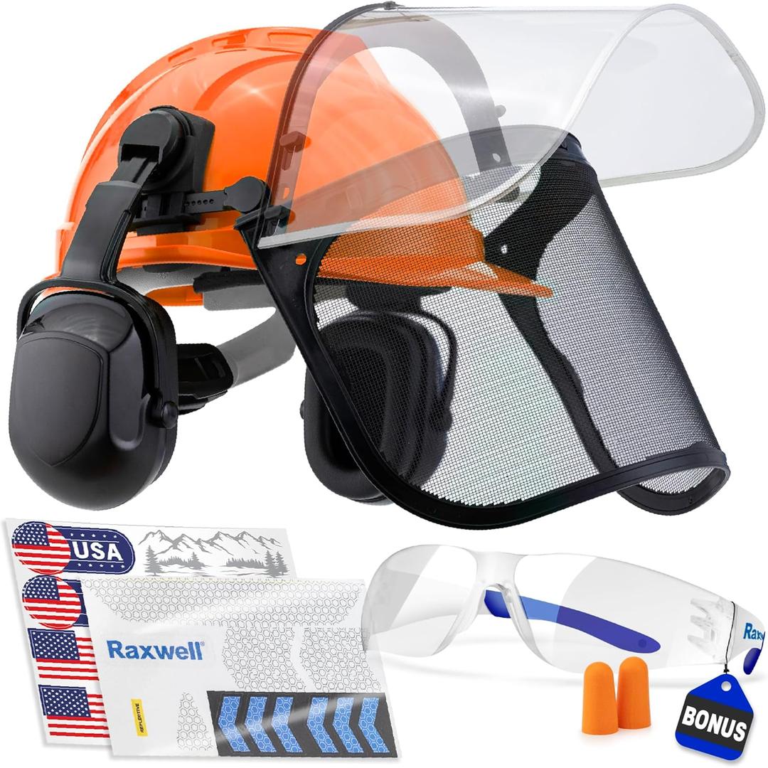 Raxwell Chainsaw Safety Helmet – ANSI Certified 6-in-1 Forestry Hard Hat with Ear Muffs, 2 Visors, Goggles & Earplugs – 30dB Noise Reduction – Adjustable PPE for Arborists, Logging & Tree Work, Orange