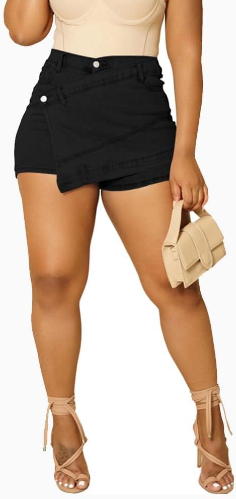HTD Women's Denim Shorts Skorts Asymmetrical with Pockets (Black), Size XL