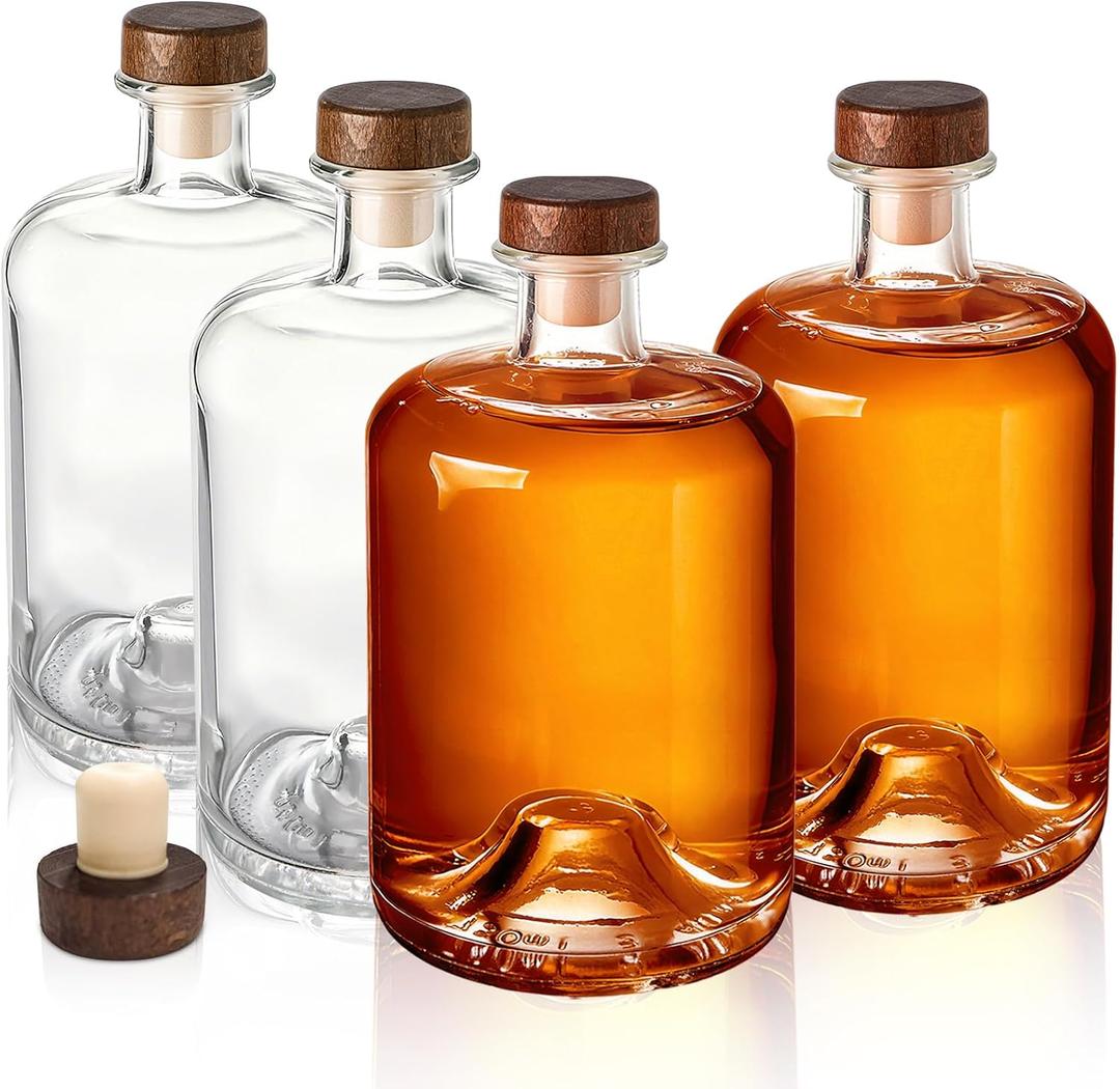 WRINGKIT 4 Pack Glass Liquor Bottles, 25 Oz Clear Wine Bottles with T-Top Cork Stopper, Heavy Base Vodka Whiskey Bottle Dispenser for Beverages, Drinks, Oil, Vinegar, Kombucha Beer