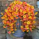 Ivydale 2 PCS Artificial Fall Hanging Flowers Fake Petunias Outdoor, Silk Faux Morning Glory Flowers with Eucalyptus,UV Resistant Realistic Mums Plants for Home Garden Decor (Fall Orange+Yellow)